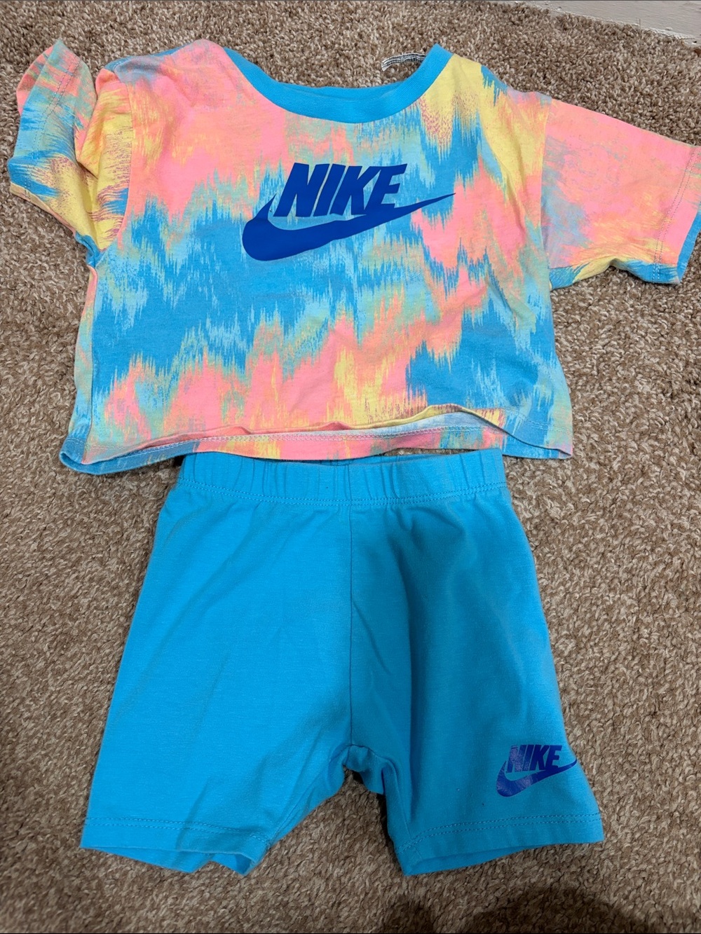Nike Multicolor Tie-Dye Crop Tee with Bright Blue Bike Shorts